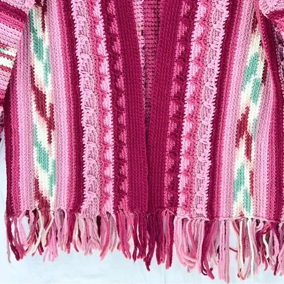 Honeybea Upcycled Vintage Afghan Sweater Cardigan OS Pink - Picture 5 of 13